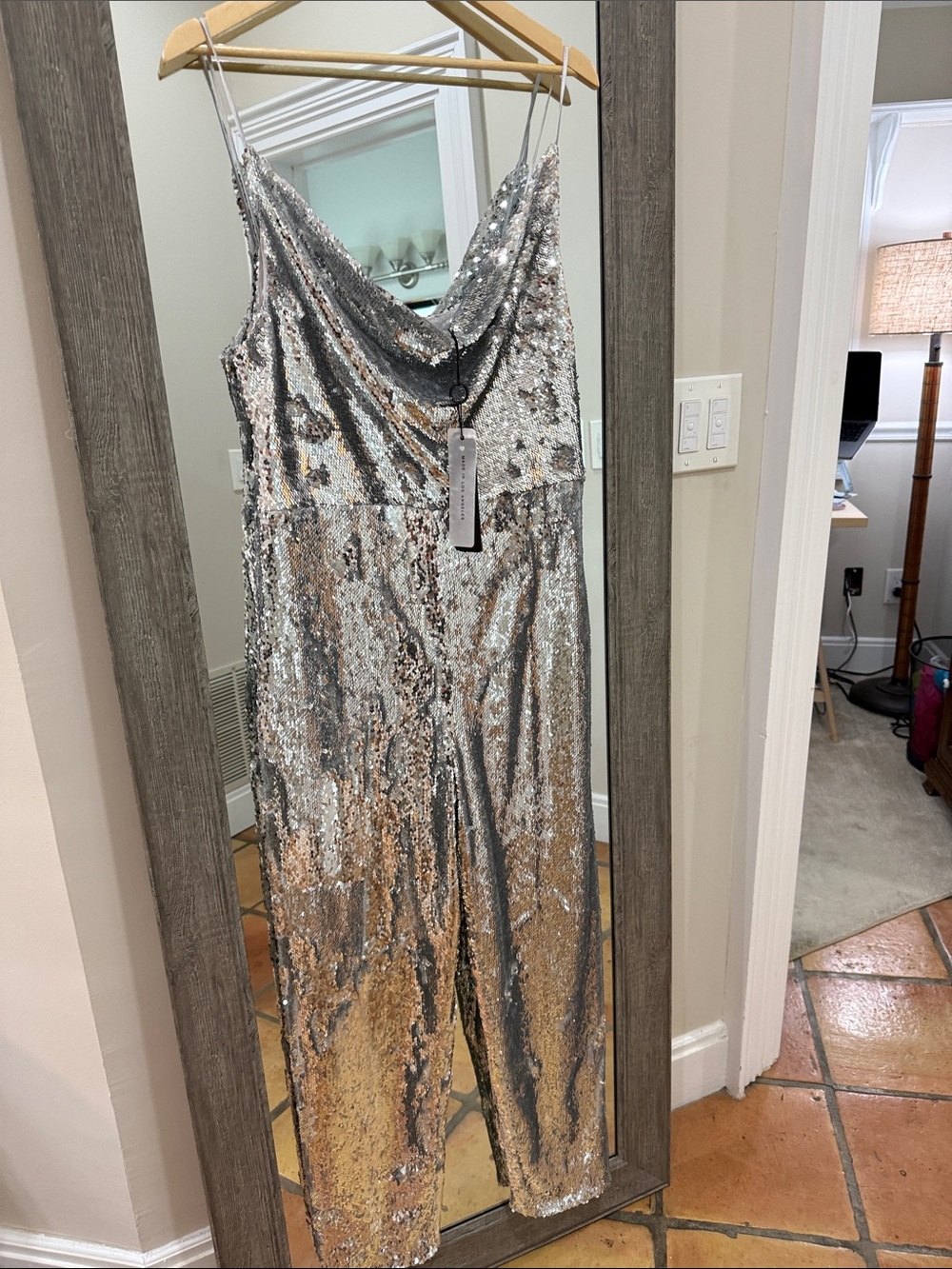 Black Halo Silver Sequin Strapless Jumpsuit
